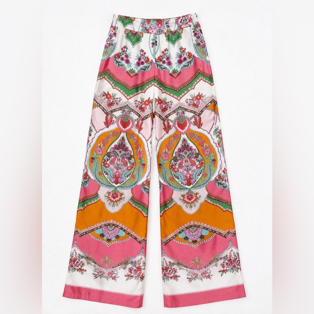 Rachel Zoe Pink 100% rayon Floral‎ Medallion Wide-Leg Pants S
